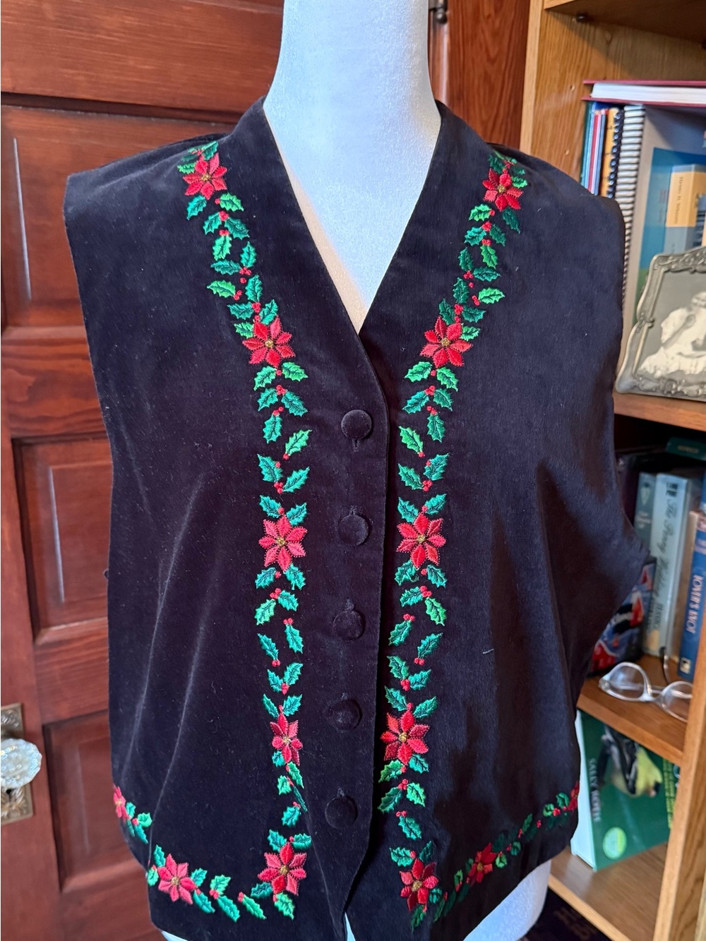 Karen Scott Women's Black Velvet Christmas
Vest with Holly Embroidery/PL